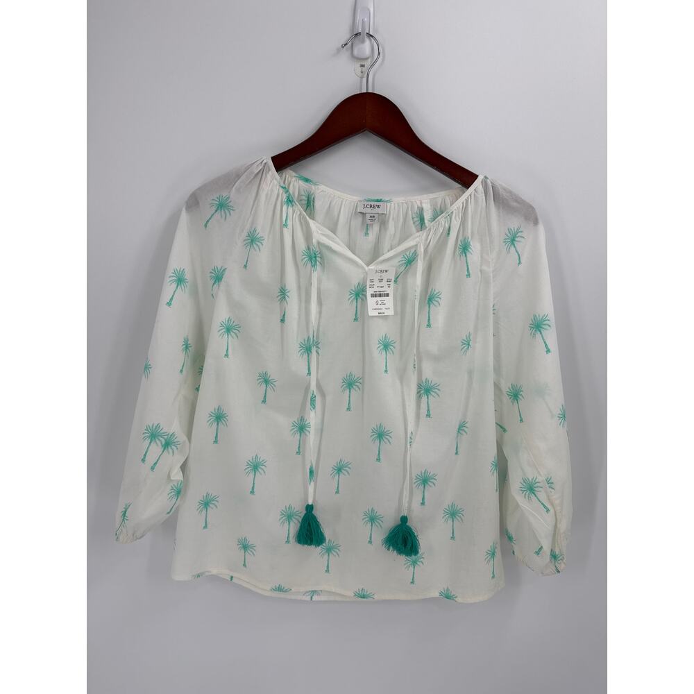 J.Crew Green and White Palm Tree Peasant Blouse With Tassel Tie Size XS NWT